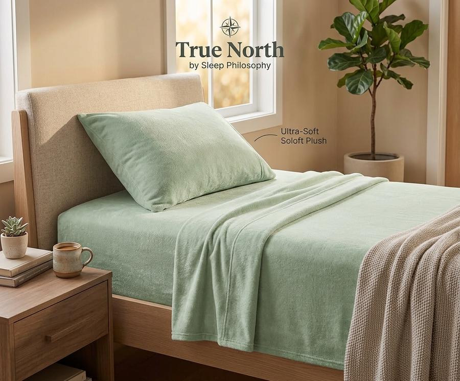 True North Plush Soloft green sheets on a twin bed in a cozy room