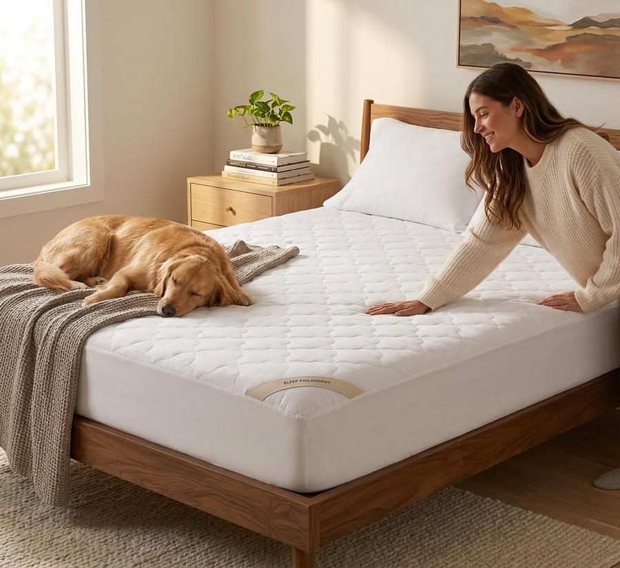 Cotton Cloud Quilted Mattress Pad on a queen bed in a bright bedroom