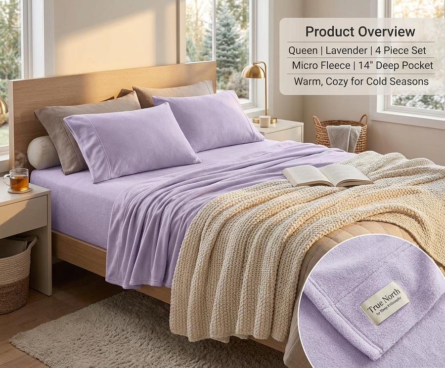 Micro Fleece lavender sheets on a queen bed with warm lighting