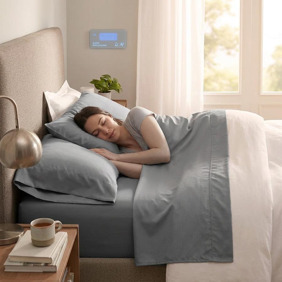 Smart Cool grey moisture-wicking sheets on a modern bed