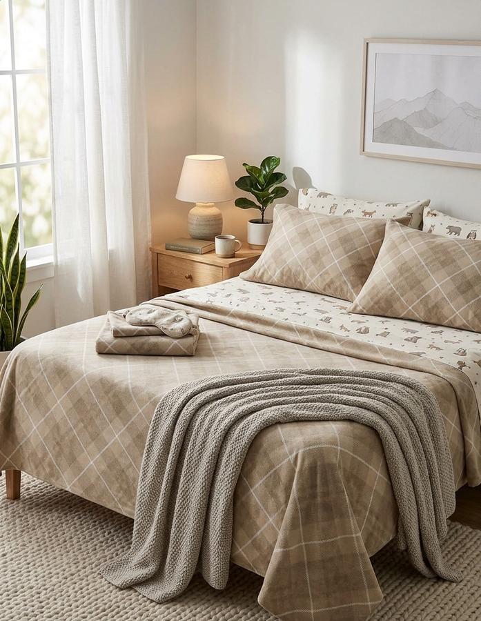 Cozy Flannel tan plaid sheets styled on a king bed with pillows